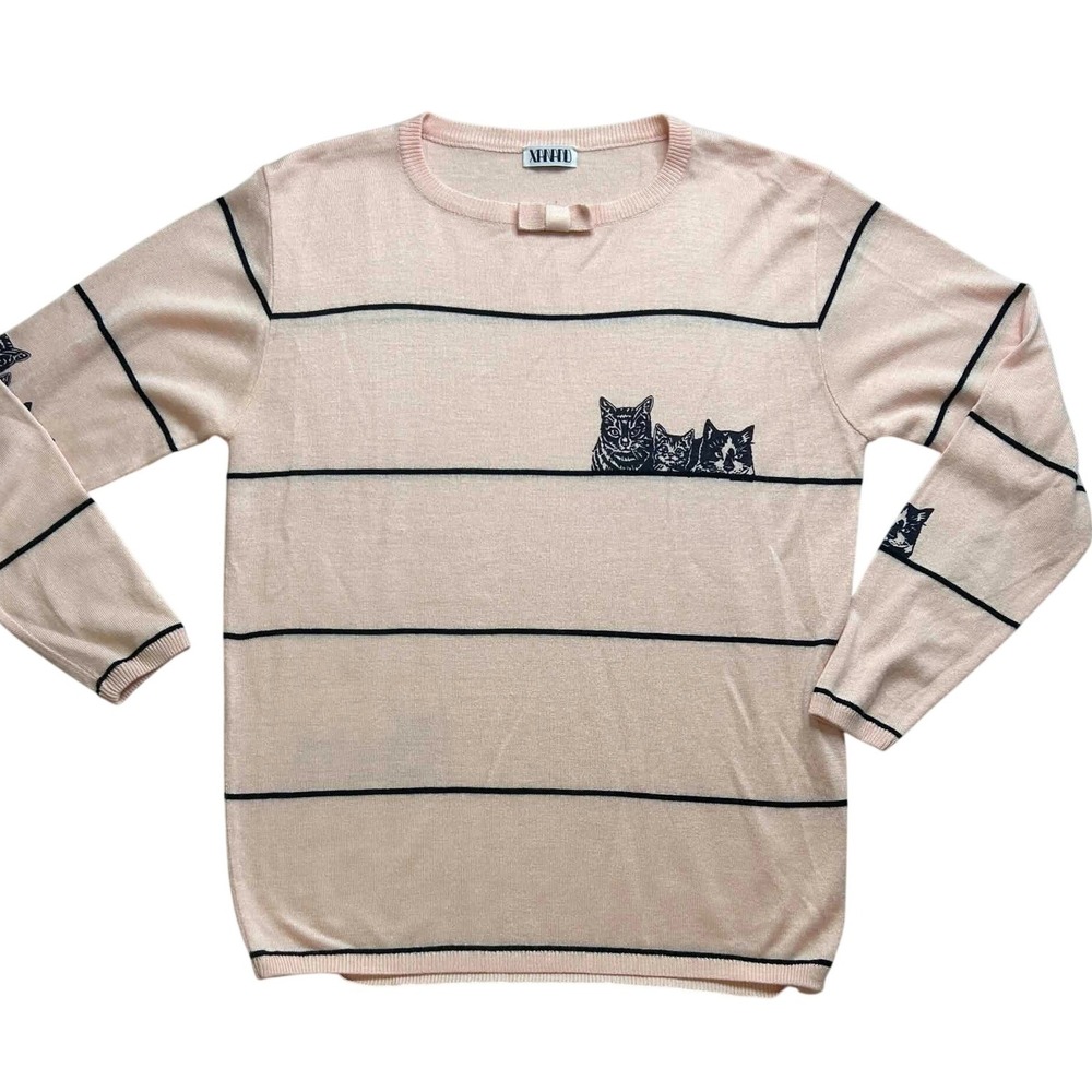 Xanadu Italy Pink Striped Cat Graphic Knit Sweater Bow Neck Size 2